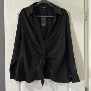 ELOQUII Size 18 Black Blouse Deep VNeck‎ Button Front Tie End Sexy Elegant NWT